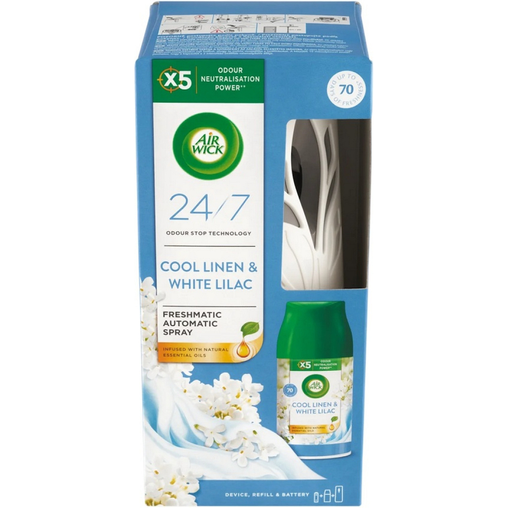 Air Wick stroj + náplň 250ml Cool Linen and White lilac